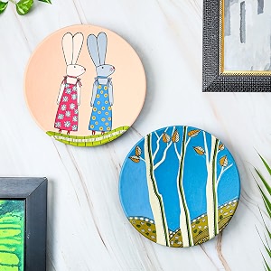 artysta 39warli charm39 set of 2 handpainted terracotta decorative wall plates decor hanging wall decor wall plates for living room home decoration 95 inch mustard amp green