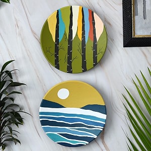 artysta 39warli charm39 set of 2 handpainted terracotta decorative wall plates decor hanging wall decor wall plates for living room home decoration 95 inch mustard amp green