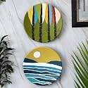 Artysta 'Warli Charm' Set of 2 Handpainted Terracotta Decorative Wall Plates Decor Hanging Wall Decor Wall Plates For Living Room Home Decoration (9.5 inch, Mustard &amp; Green)