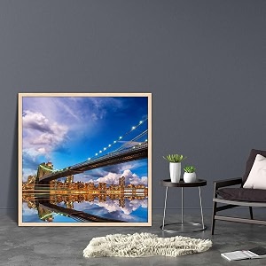 artzfolio brooklyn amp manhattan bridge reflection new york usa  canvas painting for bedroom amp living room  natural brown frame  28 x 28 inch 71 x 71 cms