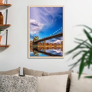 artzfolio brooklyn amp manhattan bridge reflection new york usa  canvas painting for bedroom amp living room  natural brown frame  12 x 18 inch 30 x 46 cms