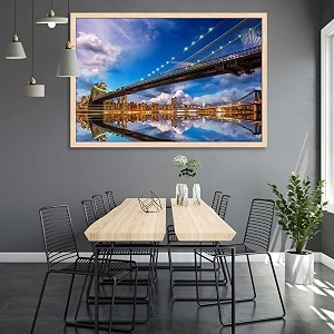 artzfolio brooklyn amp manhattan bridge reflection new york usa  canvas painting for bedroom amp living room  natural brown frame  30 x 20 inch 76 x 51 cms