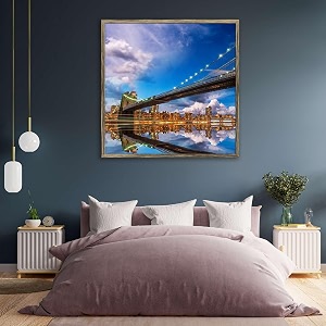 artzfolio brooklyn amp manhattan bridge reflection new york usa  canvas painting for bedroom amp living room  antique golden frame  24 x 24 inch 61 x 61 cms