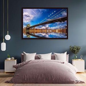 artzfolio brooklyn amp manhattan bridge reflection new york usa  canvas painting for bedroom amp living room  dark brown frame  24 x 16 inch 61 x 41 cms