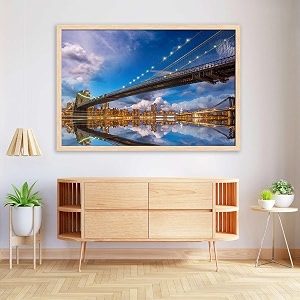 artzfolio brooklyn amp manhattan bridge reflection new york usa  canvas painting for bedroom amp living room  natural brown frame  175 x 12 inch 44 x 30 cms