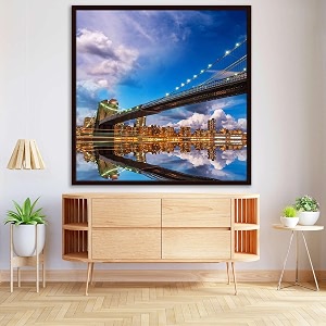 artzfolio brooklyn amp manhattan bridge reflection new york usa  canvas painting for bedroom amp living room  dark brown frame  12 x 12 inch 30 x 30 cms