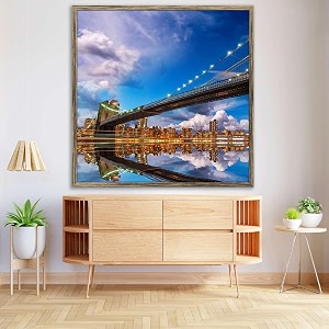 artzfolio brooklyn amp manhattan bridge reflection new york usa  canvas painting for bedroom amp living room  antique golden frame  12 x 12 inch 30 x 30 cms