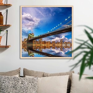 artzfolio brooklyn amp manhattan bridge reflection new york usa  canvas painting for bedroom amp living room  natural brown frame  20 x 20 inch 51 x 51 cms