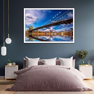 artzfolio brooklyn amp manhattan bridge reflection new york usa  canvas painting for bedroom amp living room  white frame  18 x 12 inch 46 x 30 cms