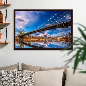 artzfolio brooklyn amp manhattan bridge reflection new york usa  canvas painting for bedroom amp living room  dark brown frame  30 x 20 inch 76 x 51 cms