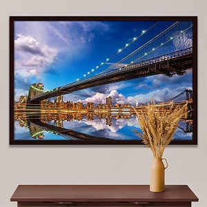 artzfolio brooklyn amp manhattan bridge reflection new york usa  canvas painting for bedroom amp living room  dark brown frame  36 x 24 inch 91 x 61 cms