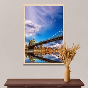 artzfolio brooklyn amp manhattan bridge reflection new york usa  canvas painting for bedroom amp living room  natural brown frame  20 x 30 inch 51 x 76 cms