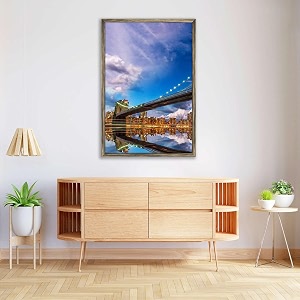 artzfolio brooklyn amp manhattan bridge reflection new york usa  canvas painting for bedroom amp living room  antique golden frame  12 x 18 inch 30 x 46 cms