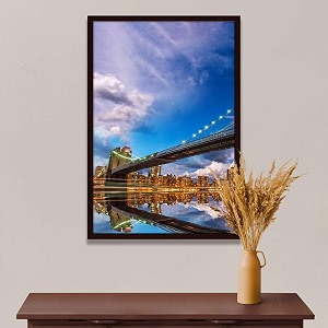 artzfolio brooklyn amp manhattan bridge reflection new york usa  canvas painting for bedroom amp living room  dark brown frame  16 x 24 inch 41 x 61 cms