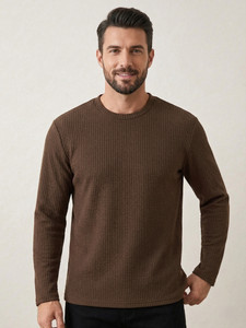 ASAYATIFAB Self Design Men Round Neck Brown