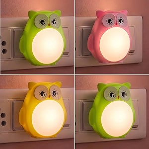 ascension pack of 4 cute owl led night lamp with switch plug-in wall night light warm soft glow decorative light for bedroom hallway kids room kids birthday party return gifts item random color