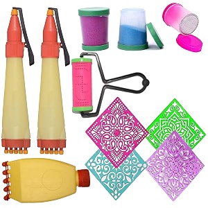 ascension rangoli making tooks kit design draw rangoli making kit 2 rangoli pen 3 fillers 1 roller 1 outliner 3 12x12inches rangoli stencils
