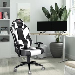 ase gaming modern series ergonomic gaming chair premium pu leather adjustable neck amp lumbar pillow 180 degree recline with black metal base white