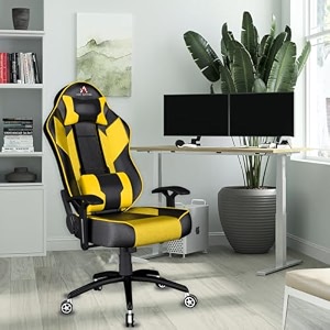 ase gaming modern series ergonomic gaming chair premium pu leather adjustable neck amp lumbar pillow 180 degree recline with black metal base yellow
