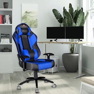 ase gaming modern series ergonomic gaming chair premium pu leather adjustable neck amp lumbar pillow 180 degree recline with black metal base blue