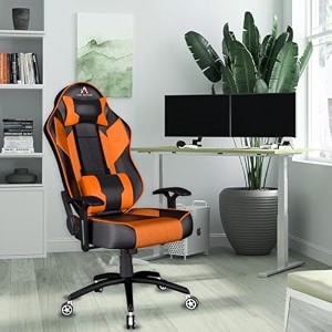 ase gaming modern series ergonomic gaming chair premium pu leather adjustable neck amp lumbar pillow 180 degree recline with black metal base orange