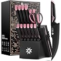 ASETY 15 PCS Knife Set with Block and Sharpener, Dishwasher Safe, Pink