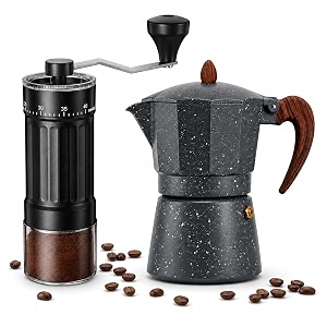 ash amp roh manual coffee grinder and moka pot combo set 40 adjustable ceramic burr hand grinder with 250ml stovetop espresso maker for home travel amp camping use