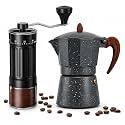 Ash &amp; Roh Manual Coffee Grinder and Moka Pot Combo Set, 40 Adjustable Ceramic Burr Hand Grinder with 250ml Stovetop Espresso Maker for Home Travel &amp; Camping Use