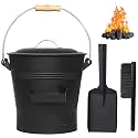 Ash Bucket with Lid, Shovel and Hand Broom, 2.6 Gallon Fireplace Metal Bucket Reinforced Base & Ash Can, Fire Pit,Wood Burning Stove for Fireplace, (Ash Bucket-2.6Gallon)