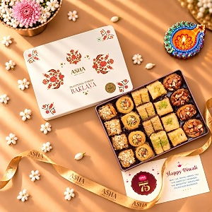 asha sweets baklava 430gm diwali gift hamper with handmade diya amp wish card included  premium festive sweets combo for gifting to family amp friends