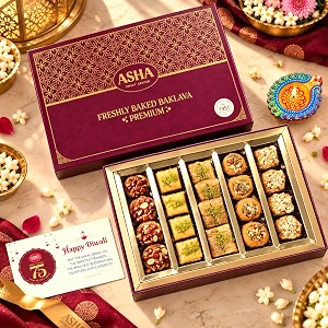 asha sweets baklava 500gm diwali gift hamper with handmade diya amp wish card included  premium festive sweets combo for gifting to family amp friends