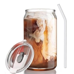 ashasha drink glasses can shaped cocktail glasses beer mug glass tumblers with lids - pack of 1 glassware sets iced coffee soda can glasses cool iced tea mug - 400 ml capacity iced tea can with lid