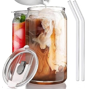 ashasha drink glasses can shaped cocktail glasses beer mug glass tumblers with lids - pack of 2 glassware sets iced coffee soda can glasses cool iced tea mug - 400 ml capacity iced tea