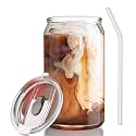 ASHASHA Drink Glasses Can Shaped Cocktail Glasses, Beer Mug Glass Tumblers with Lids - Pack of 1 Glassware Sets Iced Coffee Soda Can Glasses Cool Iced Tea Mug - 400 ml Capacity Iced Tea (CAN WITH LID)