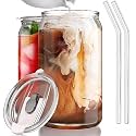 ASHASHA Drink Glasses Can Shaped Cocktail Glasses, Beer Mug Glass Tumblers with Lids - Pack of 2 Glassware Sets Iced Coffee Soda Can Glasses Cool Iced Tea Mug - 400 ml Capacity Iced Tea