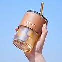 Glass Coffee Sipper with Lid and Glass Straw 400ML Glass Tumbler for Iced Tea,Smoothie, Cocktail Heat Resistant with Anti-Slip Leather Sleeve Pack of 1 (Golden)