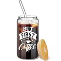 ASHASHA Glass Cups with Lids and Straws, 1pcs Set Printed Drinking Glasses with Bamboo Lids, 500ml Iced Boba Tea Cups Tumbler for Smoothie, Coffee, Beer, Soda (Printed CAN-1)