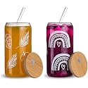 ASHASHA Glass Cups with Lids and Straws, 2pcs Set Printed Drinking Glasses with Bamboo Lids, 500ml Iced Boba Tea Cups Tumbler for Coffee, Smoothie, Beer, Soda (Printed CAN-2)