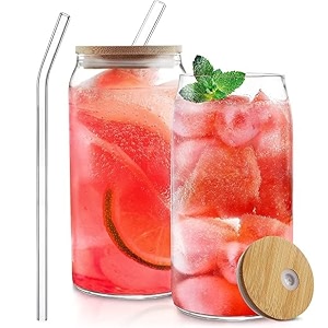 glass cups with lids and straws set of 2 500 ml - drinking glasses with bamboo lids and glass straws - tumbler for iced coffee tea - aesthetic home essentials