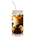 Glass Cups with Lids and Straws Set of 1, 500 ml - Drinking Glasses with Bamboo Lids and Glass Straws - Tumbler for Iced Coffee, Tea - Aesthetic Home Essentials