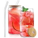 Glass Cups with Lids and Straws Set of 2, 500 ml - Drinking Glasses with Bamboo Lids and Glass Straws - Tumbler for Iced Coffee, Tea - Aesthetic Home Essentials