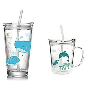 glass mug random design cartoon pattern creative multipurpose drinking measuring mugcup with silicone straw and lid 350ml400ml pack of 2