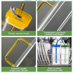 glass tumbler with straw and lid 400ml square drinking glasses cup with colored handle coffee mugs for straw and direct drinking mouth dual use summer travel bottle pack of 1