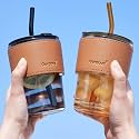Glass Tumbler with Straw and Lid Pack of 2, 400ml Drinking Coffee Sipper with Leather Sleeve Mug Drink for Iced Tea,Smoothie, Cocktail (Golden + Grey)
