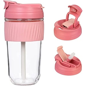 reusable glass coffee amp juice mug shaker with lid amp straw pack of 1 thick glass tumbler 500ml anti-slip silicone band leak-proof travel cup sipper for hot amp cold drinks sipper bottle-1