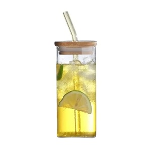 square glass mason sipper with airtight bamboo lid and glass straw beer can glasses tumbler for fruit juice milk soda iced tea coffee hot amp cold mug 350ml