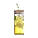 Square Glass Mason Sipper with Airtight Bamboo Lid and Glass Straw Beer Can Glasses Tumbler for Fruit Juice Milk Soda Iced Tea Coffee Hot &amp; Cold Mug, 350ml