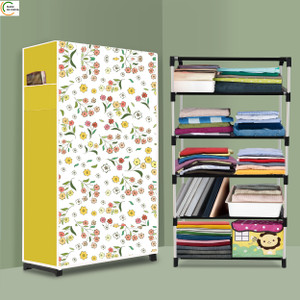 ashlas 5 shelf foldable collapsible wardrobe storage organizer almirah cloth rack pp collapsible wardrobe finish color - warm flower modern print diydo-it-yourself