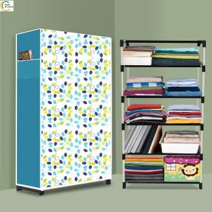 ashlas 5 shelf foldable collapsible wardrobe storage organizer almirah cloth rack pp collapsible wardrobe finish color - colourful leav modern print diydo-it-yourself