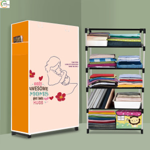 ashlas 5 shelf foldable collapsible wardrobe storage organizer almirah cloth rack pp collapsible wardrobe finish color - awesome momes modern print diydo-it-yourself